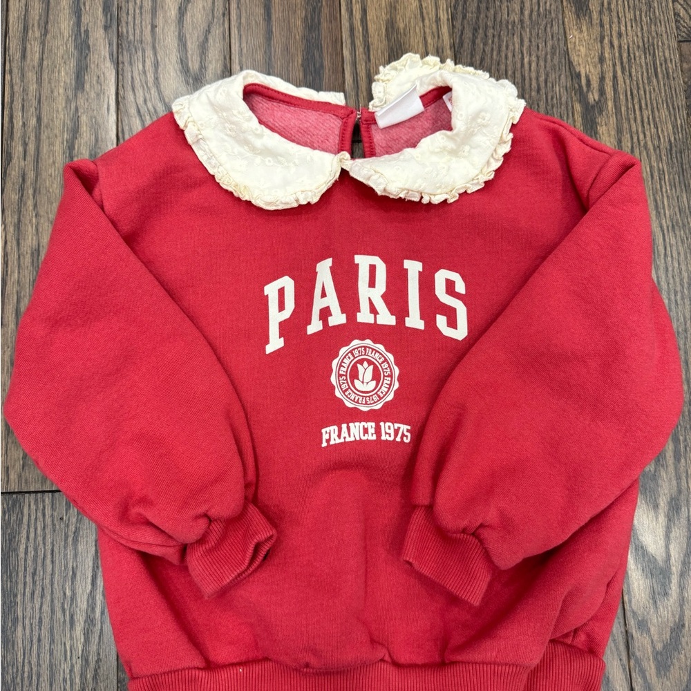 Zara Red Sweatshirt with Paris Print and Lace Collar